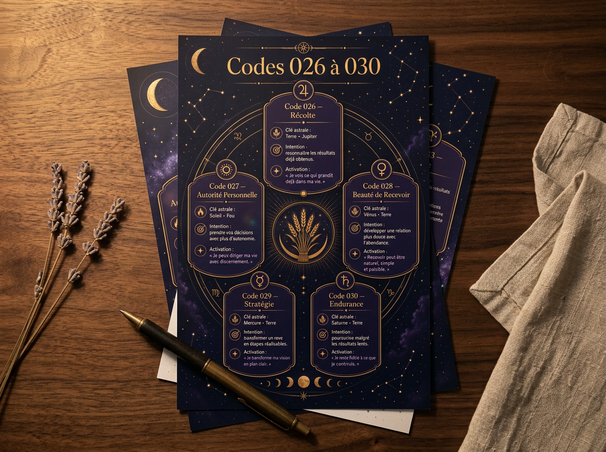 Plusieurs fiches des Codes Astraux imprimées sur une table