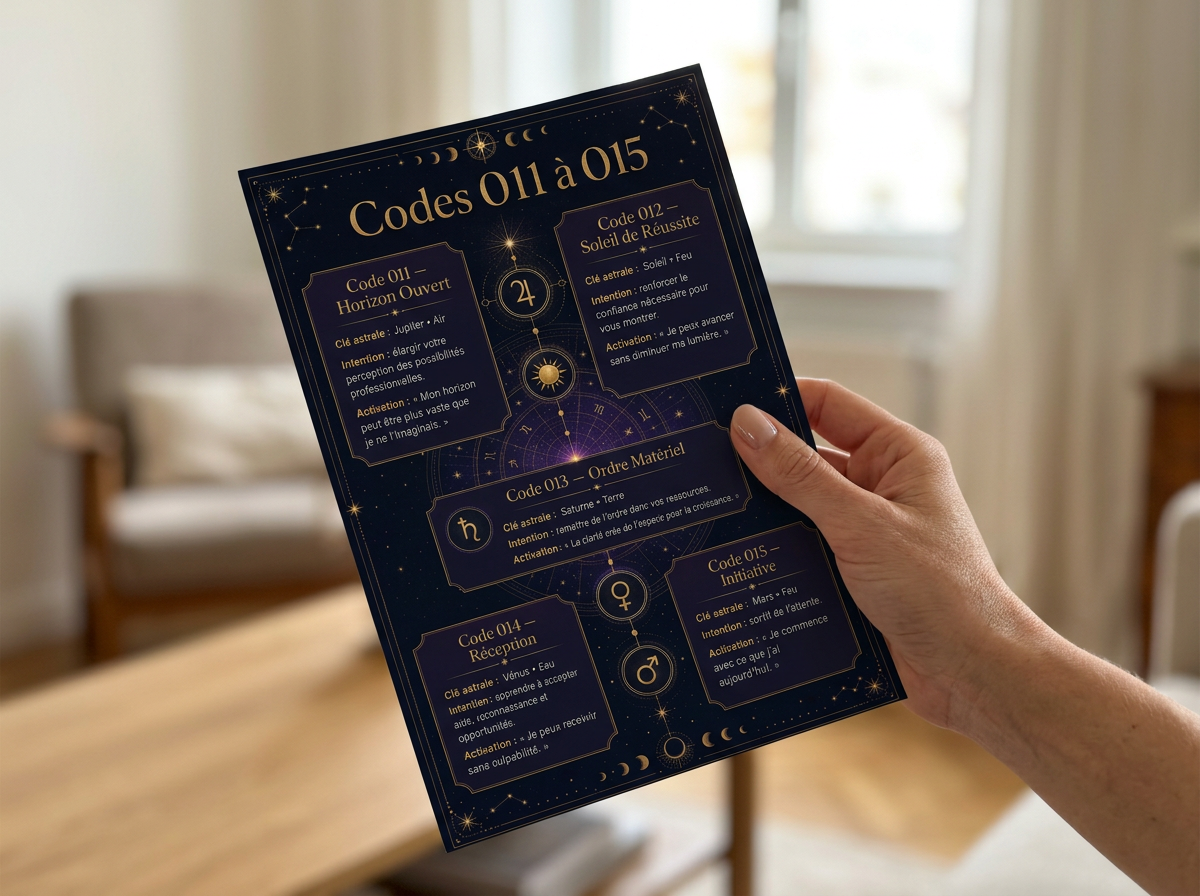 Une main tient une fiche des Codes Astraux imprimée